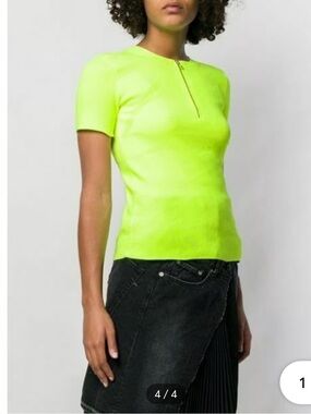 Helmut Lang Neon Short-Sleeve Zip-Neck Knit Top size S